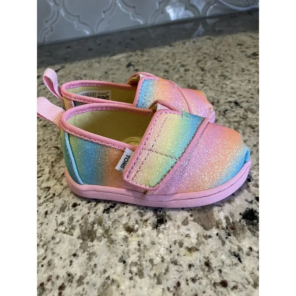 NEW TOMS Alpargata Candy Pink Gradient Glitter Slip On Shoes Size 4 Little Girls
